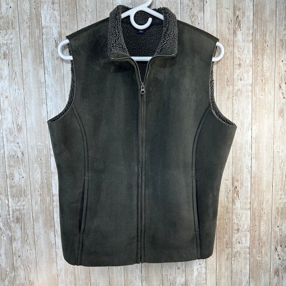 Lands End Vest Womens S Charcoal Grey Sherpa Lined Faux Suede Outdoor Cabincore